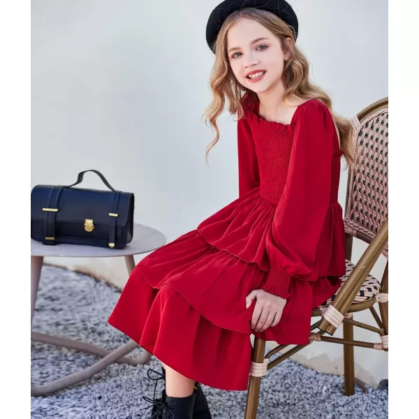 Arshiner Girls Long-Sleeve Tiered Dresses Square Neck Lantern Smocked Ruffle Layered Tie Back Dress