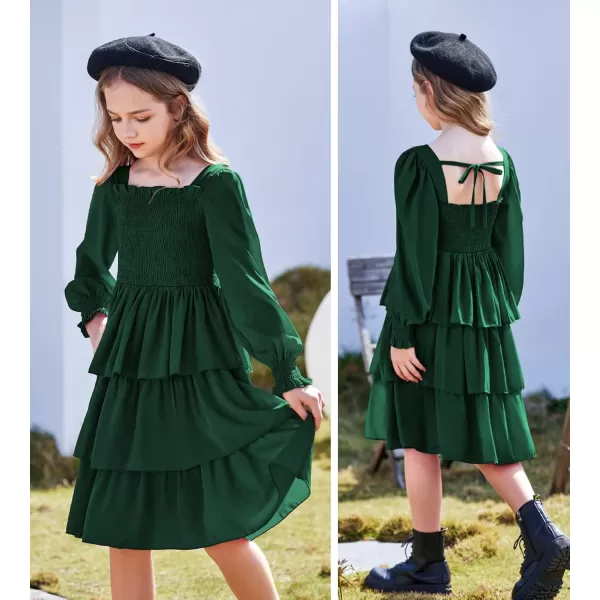 Arshiner Girls Long-Sleeve Tiered Dresses Square Neck Lantern Smocked Ruffle Layered Tie Back Dress