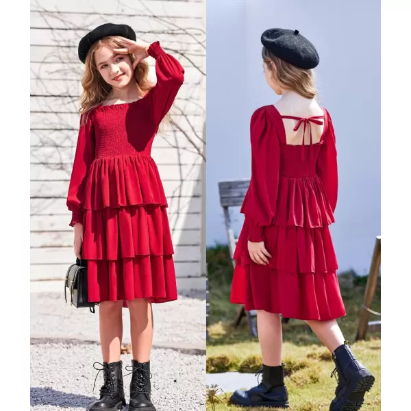 Arshiner Girls Long-Sleeve Tiered Dresses Square Neck Lantern Smocked Ruffle Layered Tie Back Dress