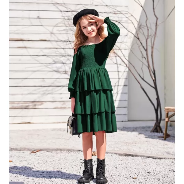 Arshiner Girls Long-Sleeve Tiered Dresses Square Neck Lantern Smocked Ruffle Layered Tie Back Dress