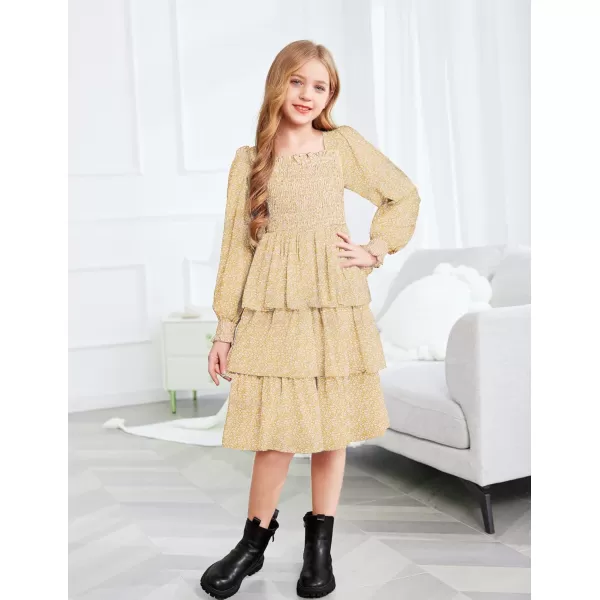 Arshiner Girls Long-Sleeve Tiered Dresses Square Neck Lantern Smocked Ruffle Layered Tie Back Dress