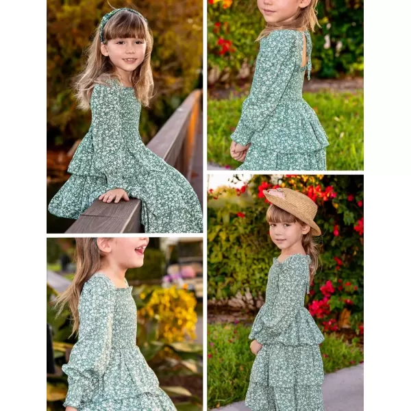 Arshiner Girls Long-Sleeve Tiered Dresses Square Neck Lantern Smocked Ruffle Layered Tie Back Dress