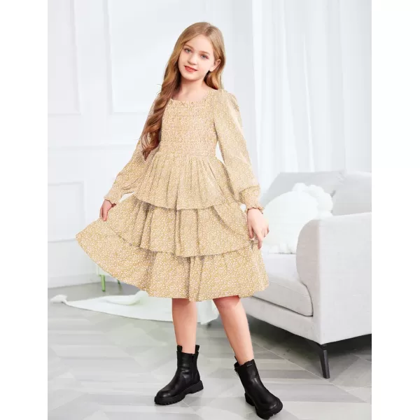 Arshiner Girls Long-Sleeve Tiered Dresses Square Neck Lantern Smocked Ruffle Layered Tie Back Dress