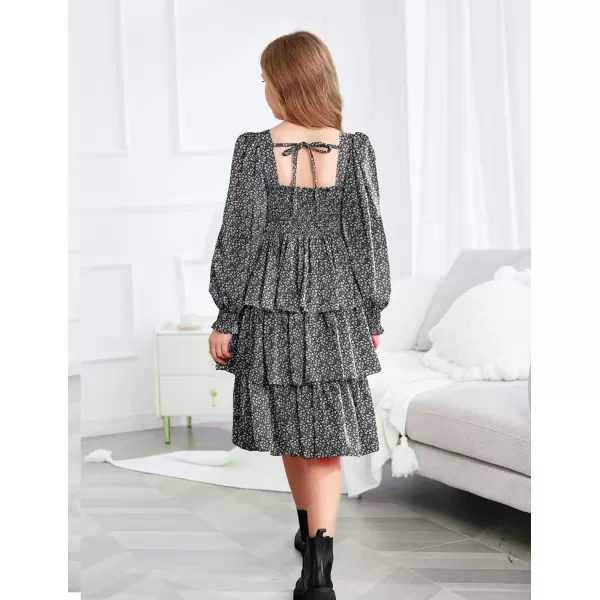 Arshiner Girls Long-Sleeve Tiered Dresses Square Neck Lantern Smocked Ruffle Layered Tie Back Dress
