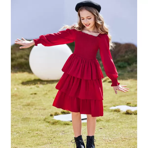 Arshiner Girls Long-Sleeve Tiered Dresses Square Neck Lantern Smocked Ruffle Layered Tie Back Dress