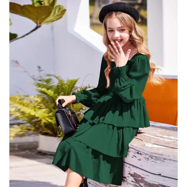 Arshiner Girls Long-Sleeve Tiered Dresses Square Neck Lantern Smocked Ruffle Layered Tie Back Dress