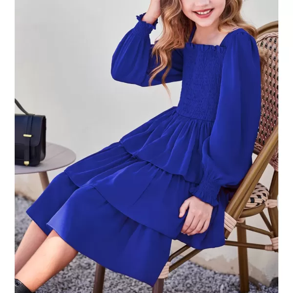 Arshiner Girls Long-Sleeve Tiered Dresses Square Neck Lantern Smocked Ruffle Layered Tie Back Dress