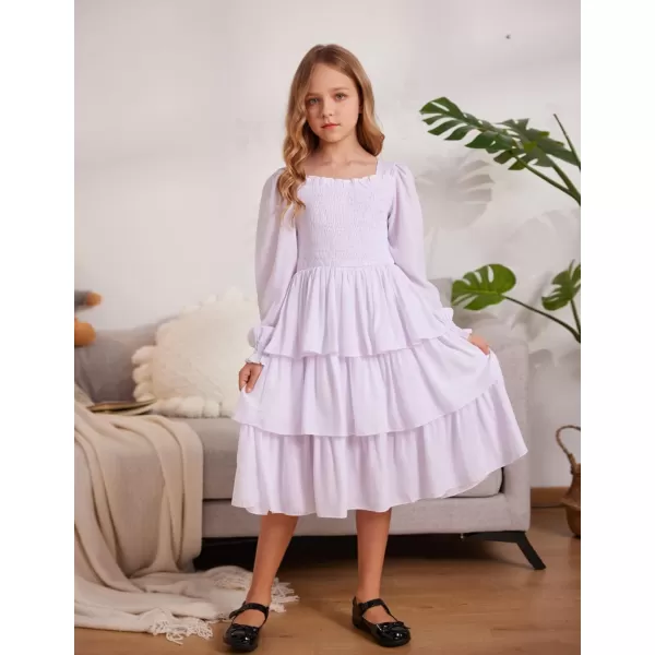 Arshiner Girls Long-Sleeve Tiered Dresses Square Neck Lantern Smocked Ruffle Layered Tie Back Dress