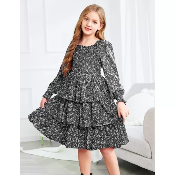 Arshiner Girls Long-Sleeve Tiered Dresses Square Neck Lantern Smocked Ruffle Layered Tie Back Dress