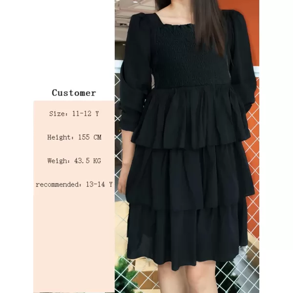 Arshiner Girls Long-Sleeve Tiered Dresses Square Neck Lantern Smocked Ruffle Layered Tie Back Dress