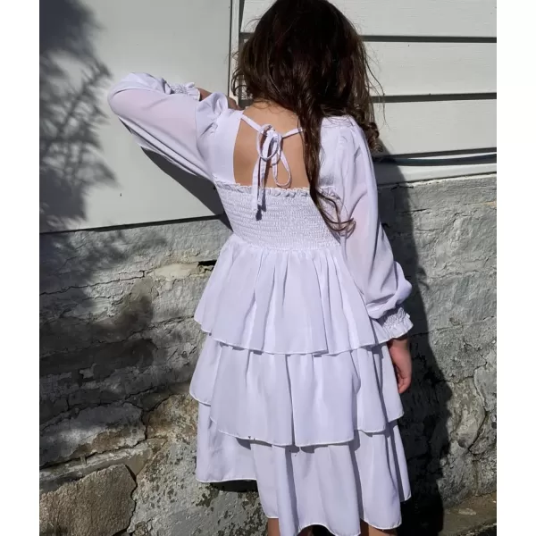 Arshiner Girls Long-Sleeve Tiered Dresses Square Neck Lantern Smocked Ruffle Layered Tie Back Dress