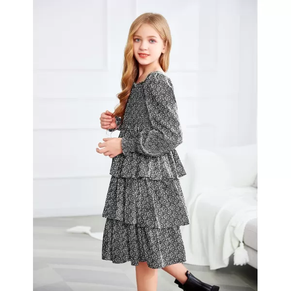 Arshiner Girls Long-Sleeve Tiered Dresses Square Neck Lantern Smocked Ruffle Layered Tie Back Dress