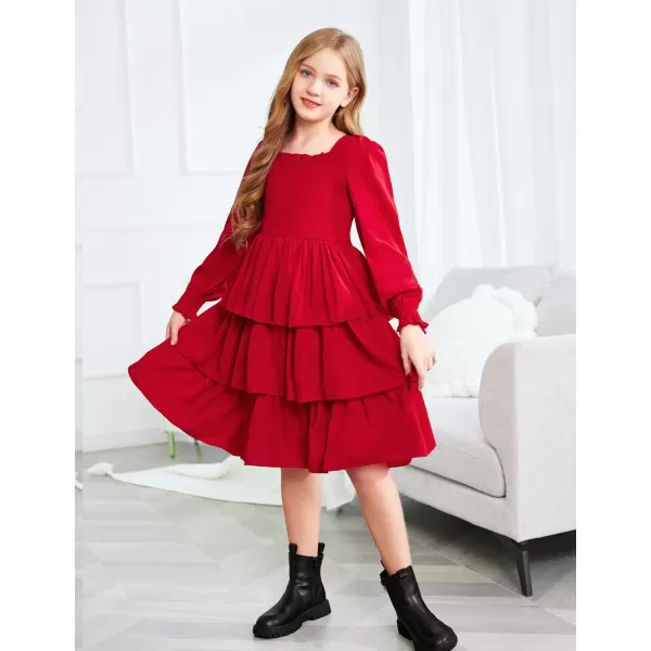 Arshiner Girls Long-Sleeve Tiered Dresses Square Neck Lantern Smocked Ruffle Layered Tie Back Dress