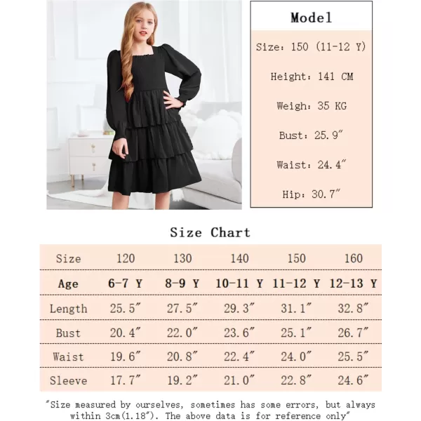 Arshiner Girls Long-Sleeve Tiered Dresses Square Neck Lantern Smocked Ruffle Layered Tie Back Dress