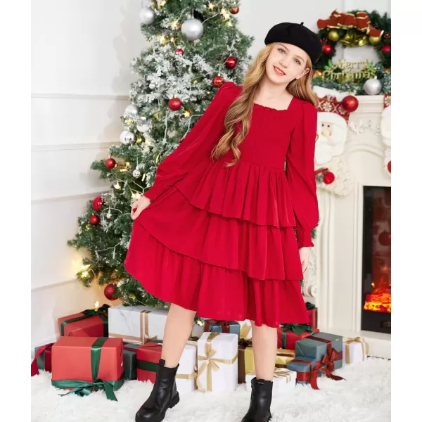 Arshiner Girls Long-Sleeve Tiered Dresses Square Neck Lantern Smocked Ruffle Layered Tie Back Dress
