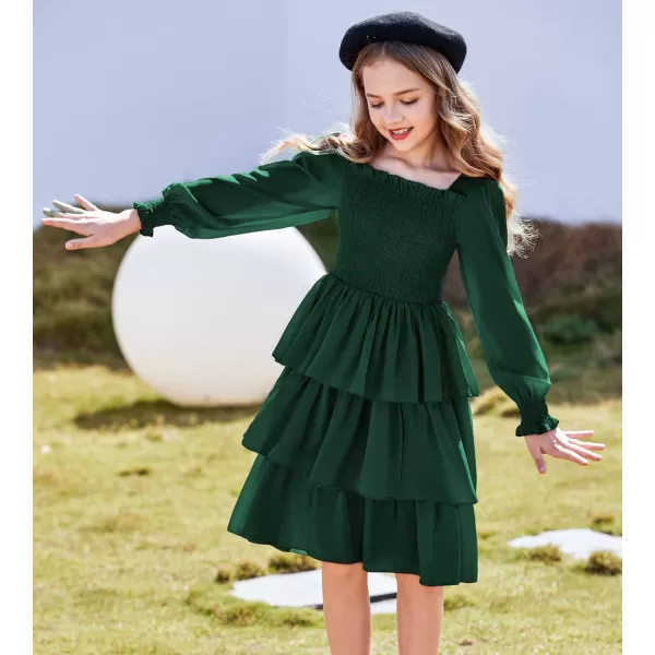 Arshiner Girls Long-Sleeve Tiered Dresses Square Neck Lantern Smocked Ruffle Layered Tie Back Dress