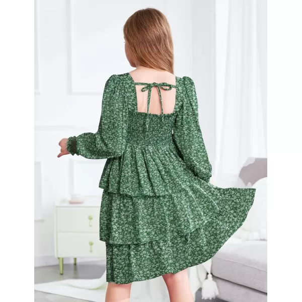 Arshiner Girls Long-Sleeve Tiered Dresses Square Neck Lantern Smocked Ruffle Layered Tie Back Dress