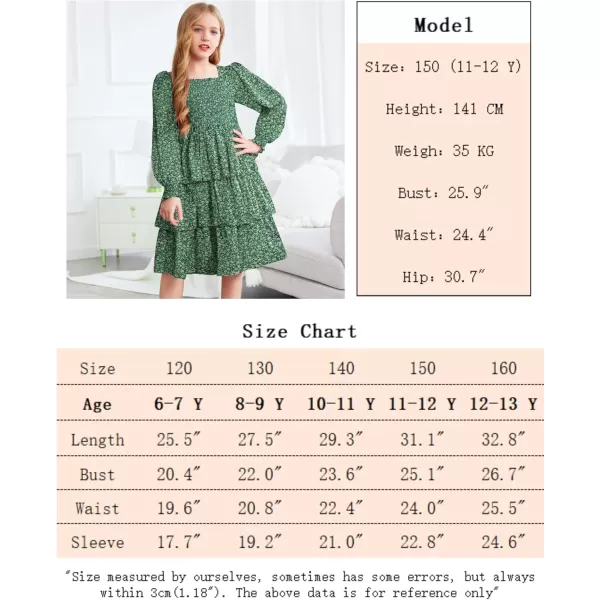 Arshiner Girls Long-Sleeve Tiered Dresses Square Neck Lantern Smocked Ruffle Layered Tie Back Dress