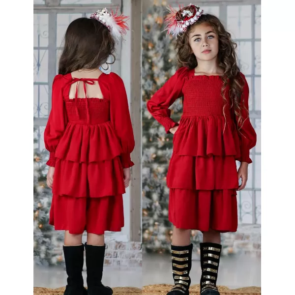 Arshiner Girls Long-Sleeve Tiered Dresses Square Neck Lantern Smocked Ruffle Layered Tie Back Dress