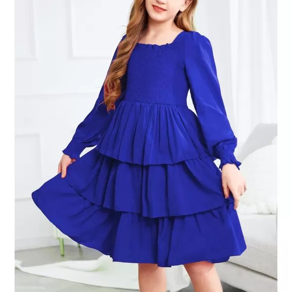 Arshiner Girls Long-Sleeve Tiered Dresses Square Neck Lantern Smocked Ruffle Layered Tie Back Dress