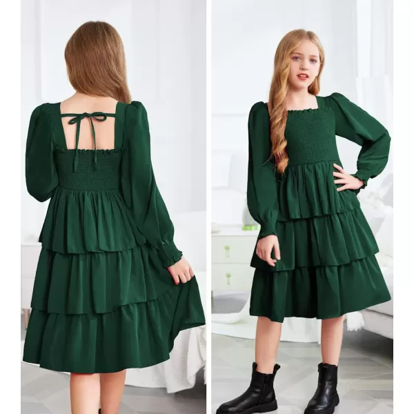 Arshiner Girls Long-Sleeve Tiered Dresses Square Neck Lantern Smocked Ruffle Layered Tie Back Dress