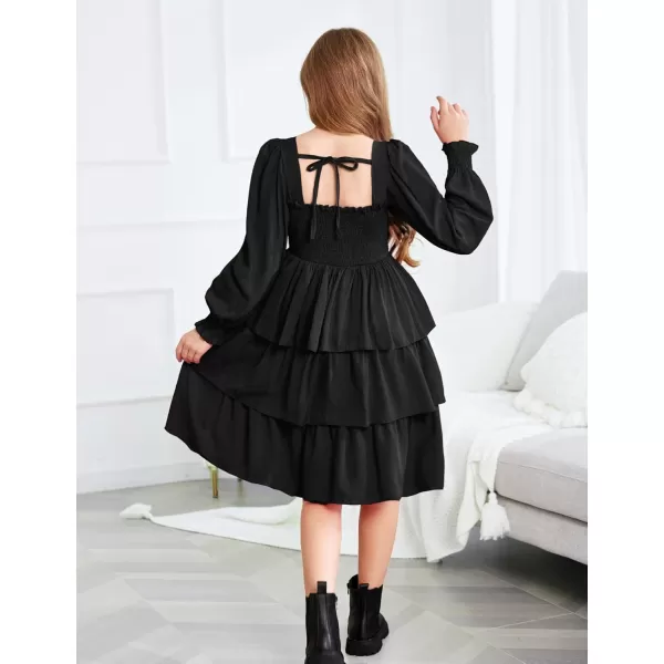 Arshiner Girls Long-Sleeve Tiered Dresses Square Neck Lantern Smocked Ruffle Layered Tie Back Dress