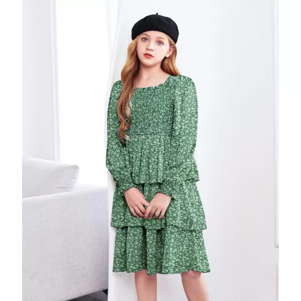 Arshiner Girls Long-Sleeve Tiered Dresses Square Neck Lantern Smocked Ruffle Layered Tie Back Dress