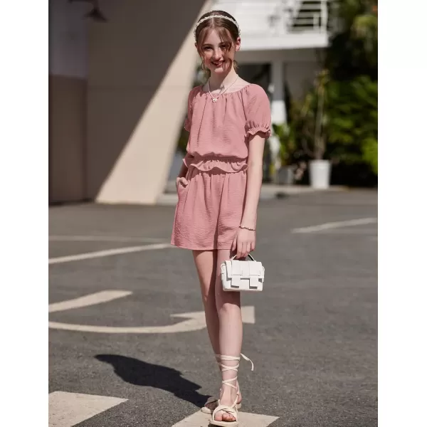 Arshiner Girls Short Set 2 Piece Summer Boho Clothes Tie-Back Puff Sleeve Top and Shorts with Pockets for 5-14 Years