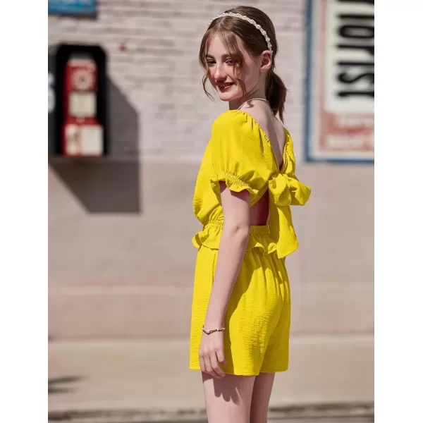 Arshiner Girls Short Set 2 Piece Summer Boho Clothes Tie-Back Puff Sleeve Top and Shorts with Pockets for 5-14 Years