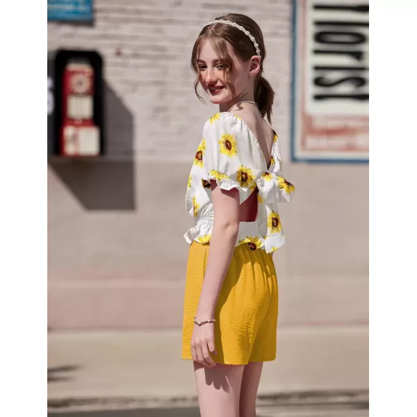 Arshiner Girls Short Set 2 Piece Summer Boho Clothes Tie-Back Puff Sleeve Top and Shorts with Pockets for 5-14 Years
