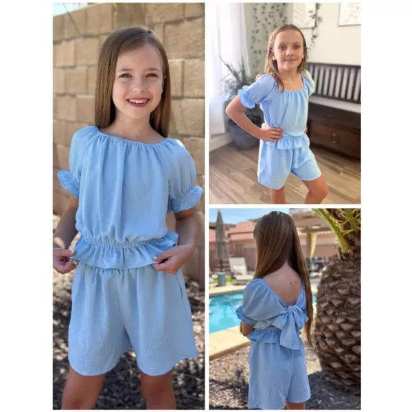 Arshiner Girls Short Set 2 Piece Summer Boho Clothes Tie-Back Puff Sleeve Top and Shorts with Pockets for 5-14 Years