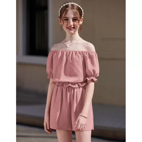 Arshiner Girls Short Set 2 Piece Summer Boho Clothes Tie-Back Puff Sleeve Top and Shorts with Pockets for 5-14 Years