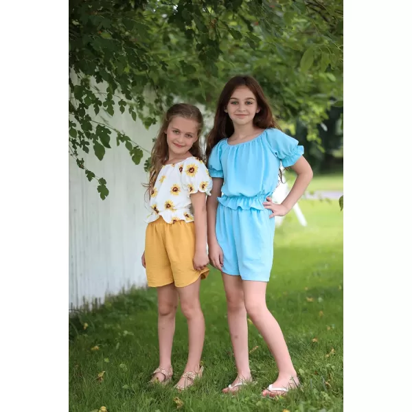 Arshiner Girls Short Set 2 Piece Summer Boho Clothes Tie-Back Puff Sleeve Top and Shorts with Pockets for 5-14 Years