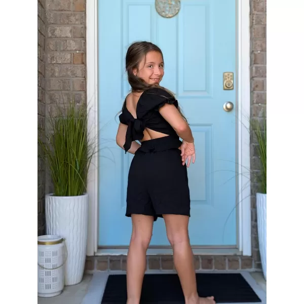 Arshiner Girls Short Set 2 Piece Summer Boho Clothes Tie-Back Puff Sleeve Top and Shorts with Pockets for 5-14 Years