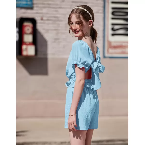 Arshiner Girls Short Set 2 Piece Summer Boho Clothes Tie-Back Puff Sleeve Top and Shorts with Pockets for 5-14 Years