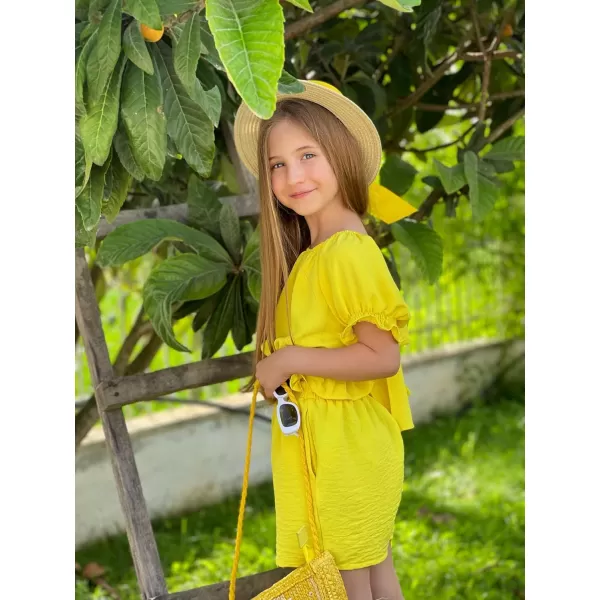 Arshiner Girls Short Set 2 Piece Summer Boho Clothes Tie-Back Puff Sleeve Top and Shorts with Pockets for 5-14 Years