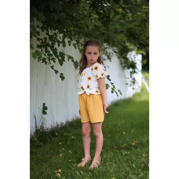 Arshiner Girls Short Set 2 Piece Summer Boho Clothes Tie-Back Puff Sleeve Top and Shorts with Pockets for 5-14 Years