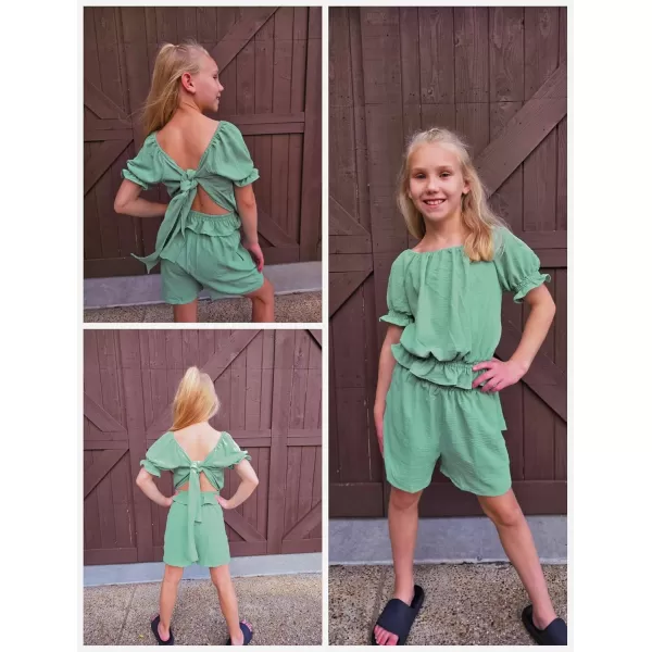Arshiner Girls Short Set 2 Piece Summer Boho Clothes Tie-Back Puff Sleeve Top and Shorts with Pockets for 5-14 Years