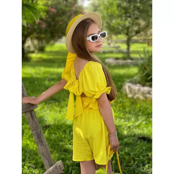 Arshiner Girls Short Set 2 Piece Summer Boho Clothes Tie-Back Puff Sleeve Top and Shorts with Pockets for 5-14 Years