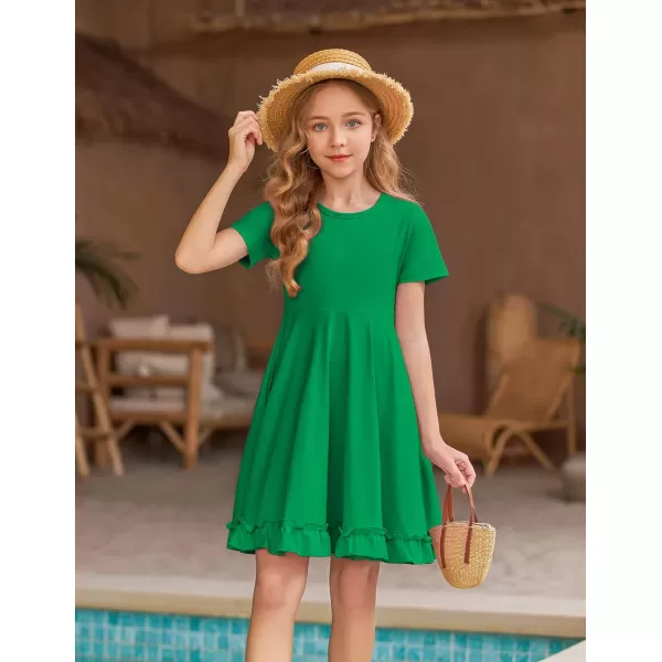Arshiner Girls Short Sleeve Ruffle Hem A-Line Casual Skater Party Dress with Pockets 6-12 Years