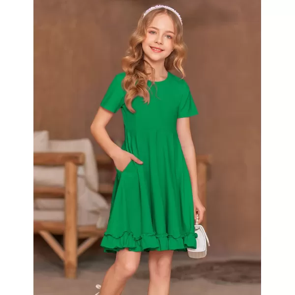 Arshiner Girls Short Sleeve Ruffle Hem A-Line Casual Skater Party Dress with Pockets 6-12 Years