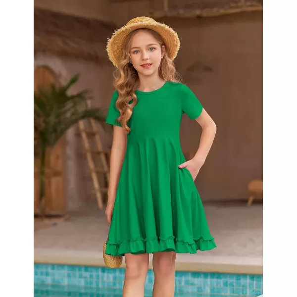 Arshiner Girls Short Sleeve Ruffle Hem A-Line Casual Skater Party Dress with Pockets 6-12 Years