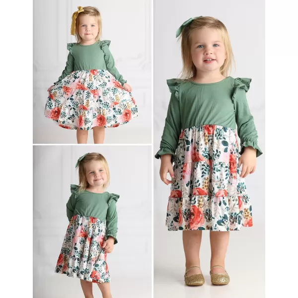 Arshiner Toddler Girls Dress Ruffle Long Sleeve Casual Tiered Swing Dresses with Pockets