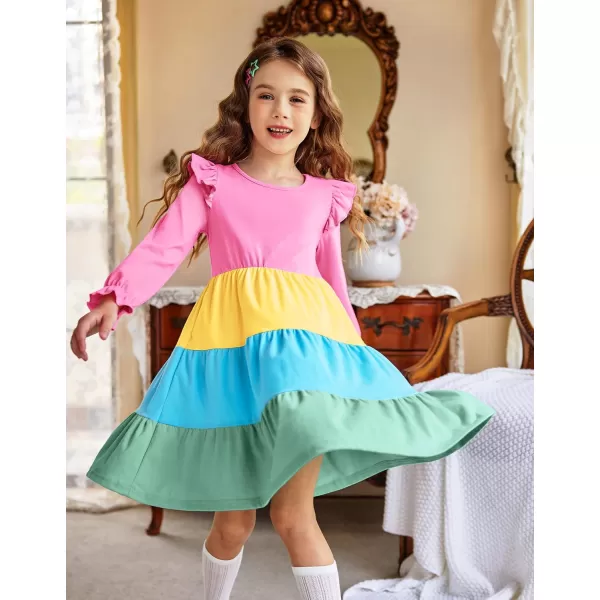 Arshiner Toddler Girls Dress Ruffle Long Sleeve Casual Tiered Swing Dresses with Pockets