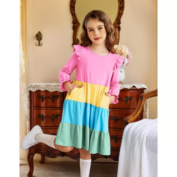 Arshiner Toddler Girls Dress Ruffle Long Sleeve Casual Tiered Swing Dresses with Pockets