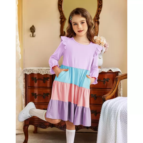 Arshiner Toddler Girls Dress Ruffle Long Sleeve Casual Tiered Swing Dresses with Pockets