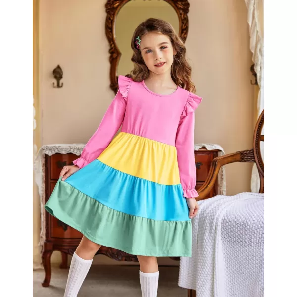 Arshiner Toddler Girls Dress Ruffle Long Sleeve Casual Tiered Swing Dresses with Pockets