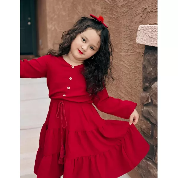 Arshiner Tween Girls Dresses Fall Long Sleeve V Neck Waist Tie Ruffle Tiered Swing Skater Dress