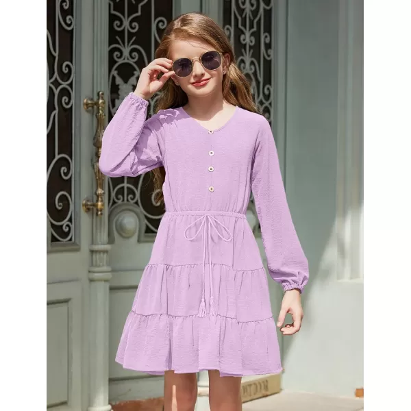 Arshiner Tween Girls Dresses Fall Long Sleeve V Neck Waist Tie Ruffle Tiered Swing Skater Dress