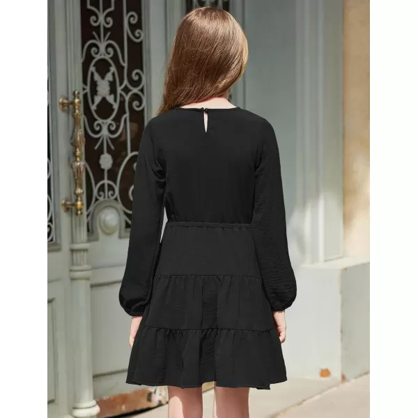 Arshiner Tween Girls Dresses Fall Long Sleeve V Neck Waist Tie Ruffle Tiered Swing Skater Dress